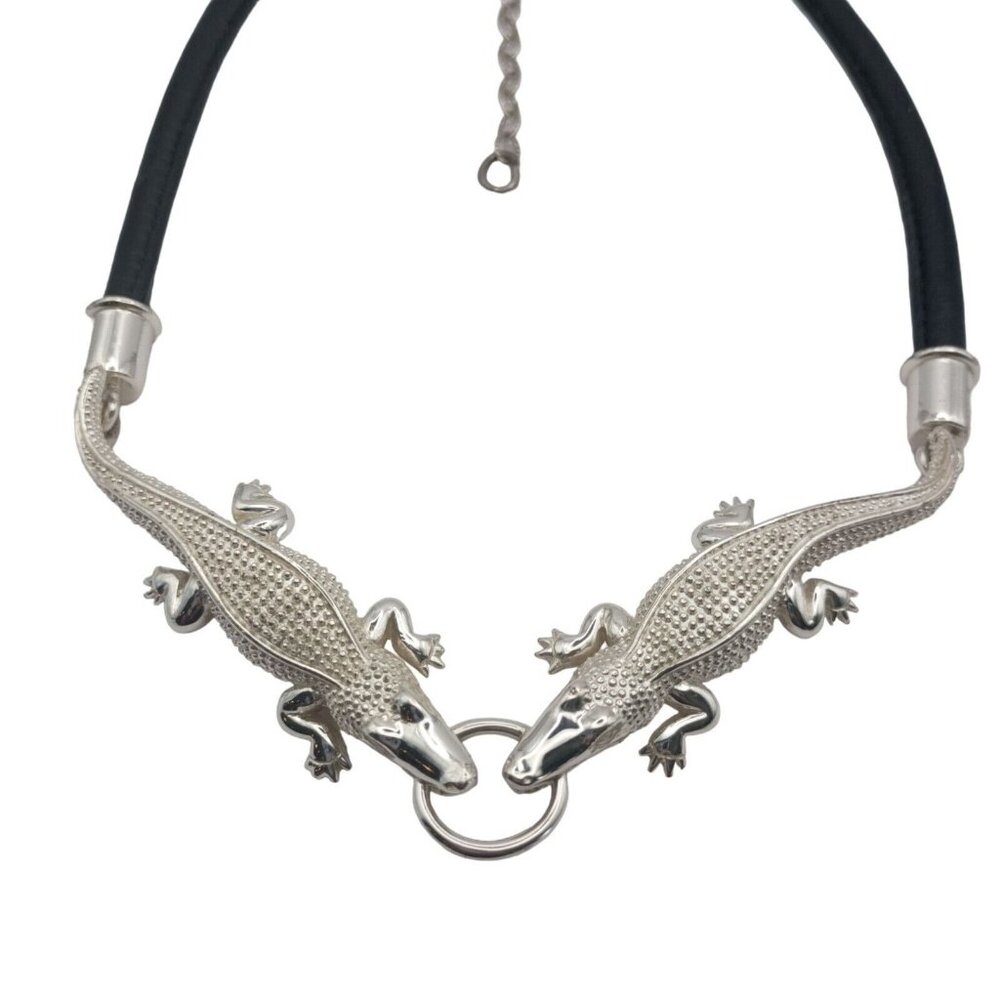 Signed Sergio Bustamante Sterling Silver Double Alligator Necklace Vintage Rare